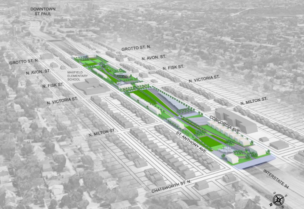 A rendering of the proposed land bridge over a stretch of Interstate 94 through St. Paul intended to reconnect the Rondo neighborhood. (Rendering courtesy Design by Melo and Visuals by James, via Reconnect Rondo)